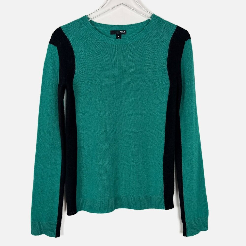 Aqua 100% Cashmere Sweater Women's Size S Green Black Colorblock Crewneck